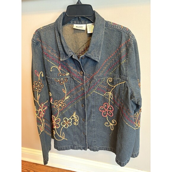 Units Woman 2X Denim Button Long Sleeve Shirt Jacket Beading Mixed Media Boho - Picture 4 of 10